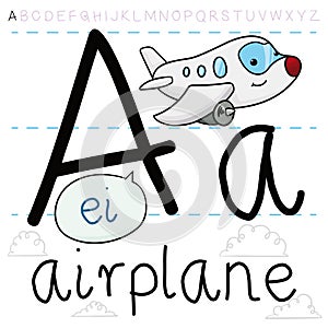 Happy Airplane Learning the Alphabet Letter A, Vector Illustration