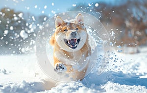 Happy akita dog playing in the snow photo