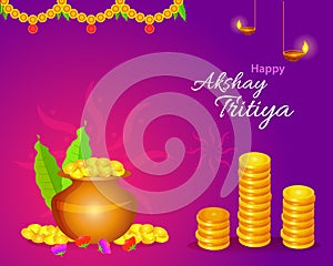 Happy Akshay Tritiya festival greeting layout with gold coins and kalash with decorative elements. photo