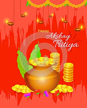 Happy Akshay Tritiya festival greeting layout with gold coins and kalash with decorative elements. Stay at home due to Covid-19 vi photo
