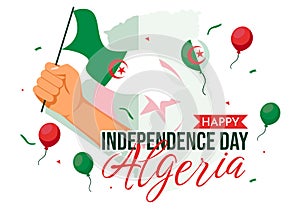 Happy Algeria Independence Day Vector Illustration with Waving Flag and Map in National Holiday Flat Cartoon Background Design photo