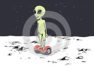 Happy alien rides on gyro scooter