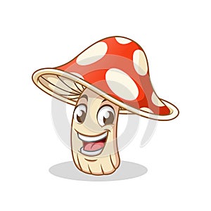 Happy Amanita Mushroom, Poisonous Mushroom, Cartoon Vector Illustration Mascot, in Isolated White Background.