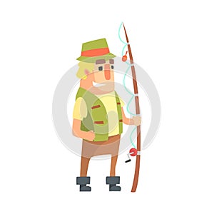 Happy Amateur Fisherman In Khaki Clothes Standing With Fishing Rod Cartoon Vector Character And His Hobby Illustration