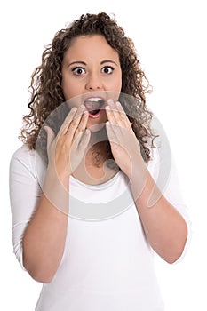 Happy amazed isolated young woman in white with open mouth.