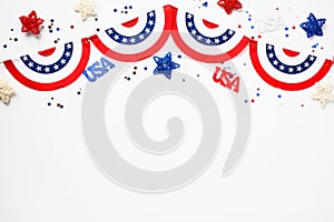 Happy American Independence Day, Labor Day, Columbus day composition. Red white and blue garland, USA decorations, stars, confetti