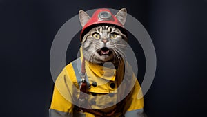 Happy American Shorthair Cat Dressed As A Fireman