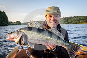 Happy angler with fresh caught big walleye