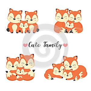 Happy animal family. Dad, mom, baby foxes cartoon.