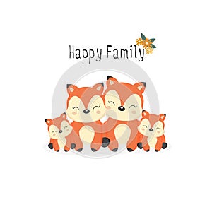 Happy animal family. Dad, mom, baby foxes cartoon.