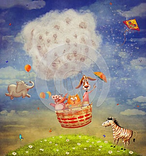 Šťastný zvieratá v vzduch balón v nebo 