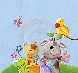 Happy animals; cat, dog. frog, bird and butterfly