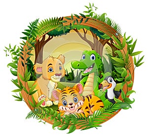 Happy animals in rattan frame forest