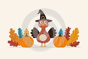 Cheerful Cartoon Turkey in Pilgrim Hat photo