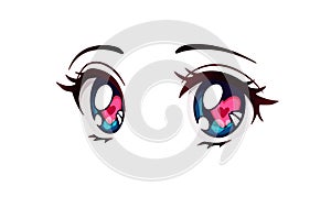 Happy anime style big blue eyes with hearts. Hand drawn vector illustration.