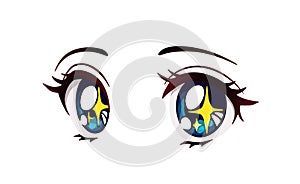 Happy anime style big blue eyes with sparkles. Hand drawn vector illustration.