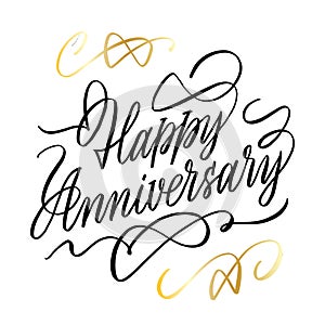 Happy Anniversary card. Beautiful greeting banner poster calligraphy inscription black text word gold ribbon. Hand drawn design.