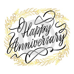 Happy Anniversary card. Beautiful greeting banner poster calligraphy inscription black text word gold ribbon. Hand drawn design.