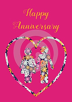 Happy Anniversary card. Greeting banner poster loving couple heart pink orange blue flowers. Modern congratulation celebration