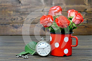 Happy Anniversary card with red roses and pocket watch