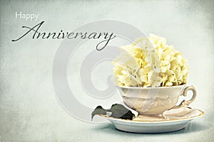Happy Anniversary card. Snowball flower in vintage tea cup