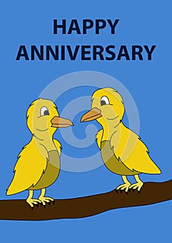 HAPPY ANNIVERSARY card with two yellow birds in a tree