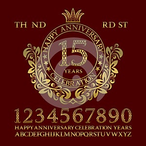 Happy anniversary celebration sign kit. Golden numbers, alphabet, frame and some words for creating congratulatory emblems