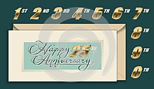 Happy Anniversary envelope, card with set of gold numbers and calligraphy lettering