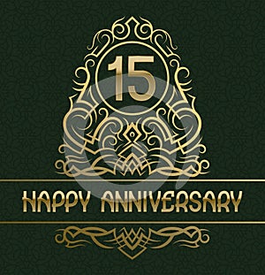 Happy anniversary greeting card template for fifteen years celebration. Vintage design with golden elements