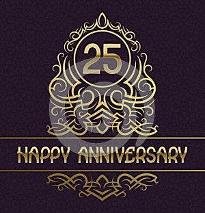 Happy anniversary greeting card template for twenty five years celebration. Vintage design with golden elements