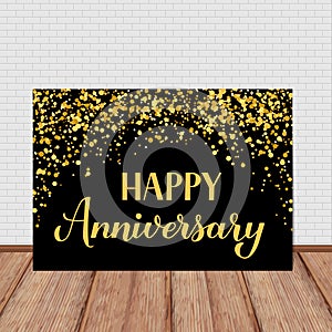Happy Anniversary handwritten celebration banner. Black and gold confetti birthday or wedding anniversary party decorations.