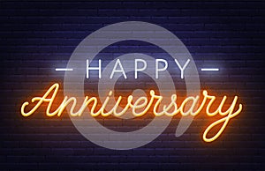 Happy anniversary neon sign. Greeting card on dark background