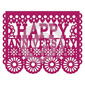 Happy Anniversary Papel Picado vector design - purple greeting card, Mexican folk art paper banner