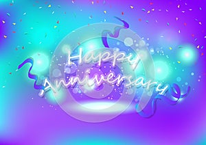 Happy Anniversary, ribbons and magic shooting stars, colorful celebration glowing neon fireworks, light exploding backdrop party