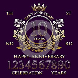 Happy Anniversary sign kit. Golden numbers, frame and some words for creating celebration emblems