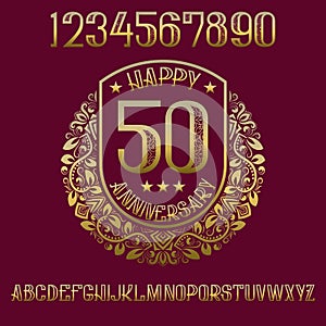 Happy anniversary sign kit. Golden patterned numbers, alphabet, and wreath frame for creating celebratory symbol