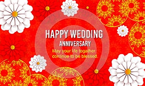 Happy Anniversary Wedding Invitation card templates with realistic of beautiful red and white flower .vector illustration template
