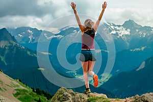 Happy anonymous woman with arms raised jumping over the top of the mountain