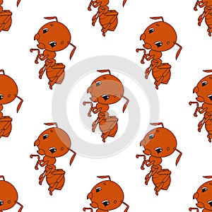 Happy ant. Colored seamless pattern with cute cartoon character. Simple flat vector illustration isolated on white background.