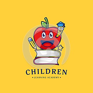 Happy apple children education learning academy logo icon with apple and happy worm illustration vector mascot