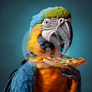 Happy Ara Macaw Parrot Holding Pizza Slice in Colorful Studio Portrait