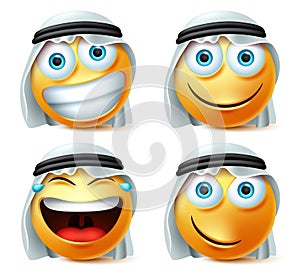 Happy arab emoticons vector set. Saudi arab emoji face and emoticons in laughing, naughty, smiling and happy facial expression.