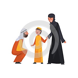 Happy Arab Family in Traditional Clothes, Muslim Parents with Their Son Vector Illustration