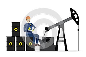 Happy arabic oilman sitting on barrels. Working oil pump jack on background. Petroleum production and processing