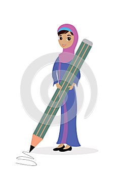 Happy arabic schoolgirl with big pencil