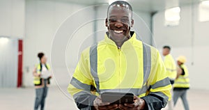 Happy, architect or face of man with a tablet for planning, construction and working on project management on site