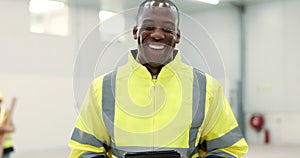 Happy, architect or face of man with a tablet for planning, construction and working on project management on site