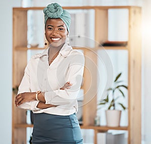 Happy, arms crossed and business with portrait of black woman in office for lawyer, advocate and professional. Corporate