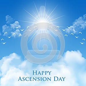 Happy Ascension Day of Jesus Christ with pigeon, cloud and blue sky photo
