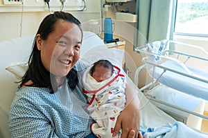 Happy Asia Chinese Mother holding her newborn child